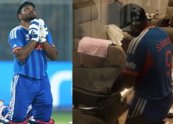 ‘ഞാൻ വലിയൊരു വിശ്വാസിയാണ്’: ഡ്രസിങ് റൂമിലും ഗ്രൗണ്ടിലും മുട്ടുകുത്തി കുരിശുവരച്ച് പ്രാർഥിച്ച് സഞ്ജു സാംസൺ