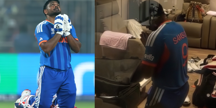 ‘ഞാൻ വലിയൊരു വിശ്വാസിയാണ്’: ഡ്രസിങ് റൂമിലും ഗ്രൗണ്ടിലും മുട്ടുകുത്തി കുരിശുവരച്ച് പ്രാർഥിച്ച് സഞ്ജു സാംസൺ